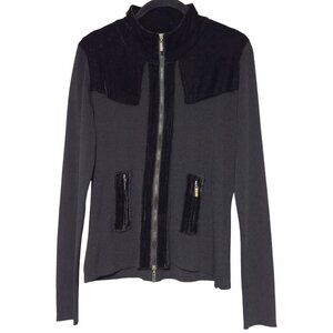 Y2K Dolce Cabo Black Ribbed Velvet Long Sleeve Full Zip Sweater Moto Jacket‎